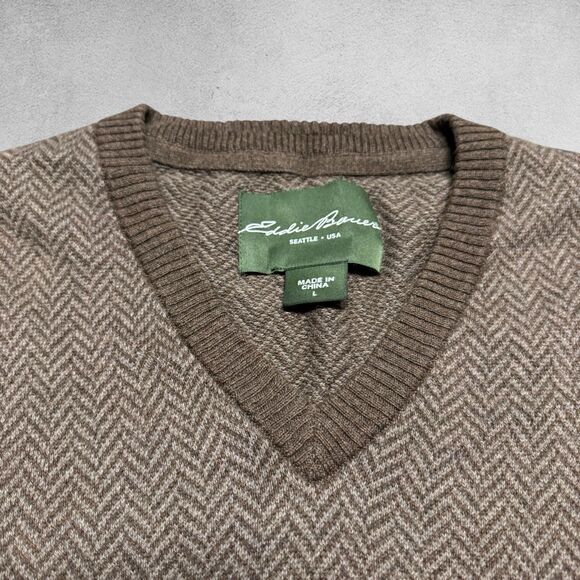 Eddie Bauer Sweater Men’s L Brown Herringbone Cotton Cashmere V Neck Pullover - Picture 2 of 7